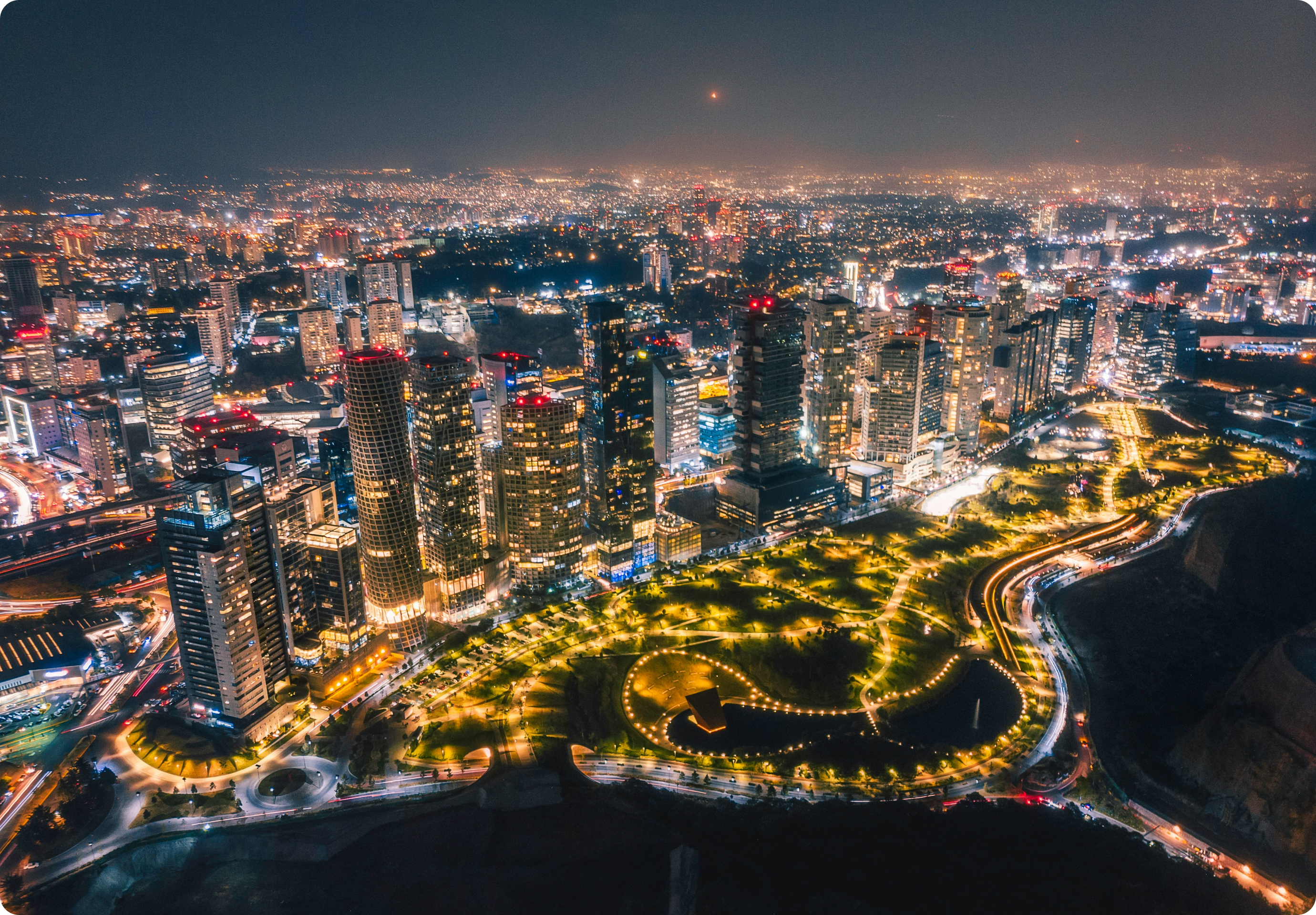 The Mexico City overview of lights and buildings in an aerial vision