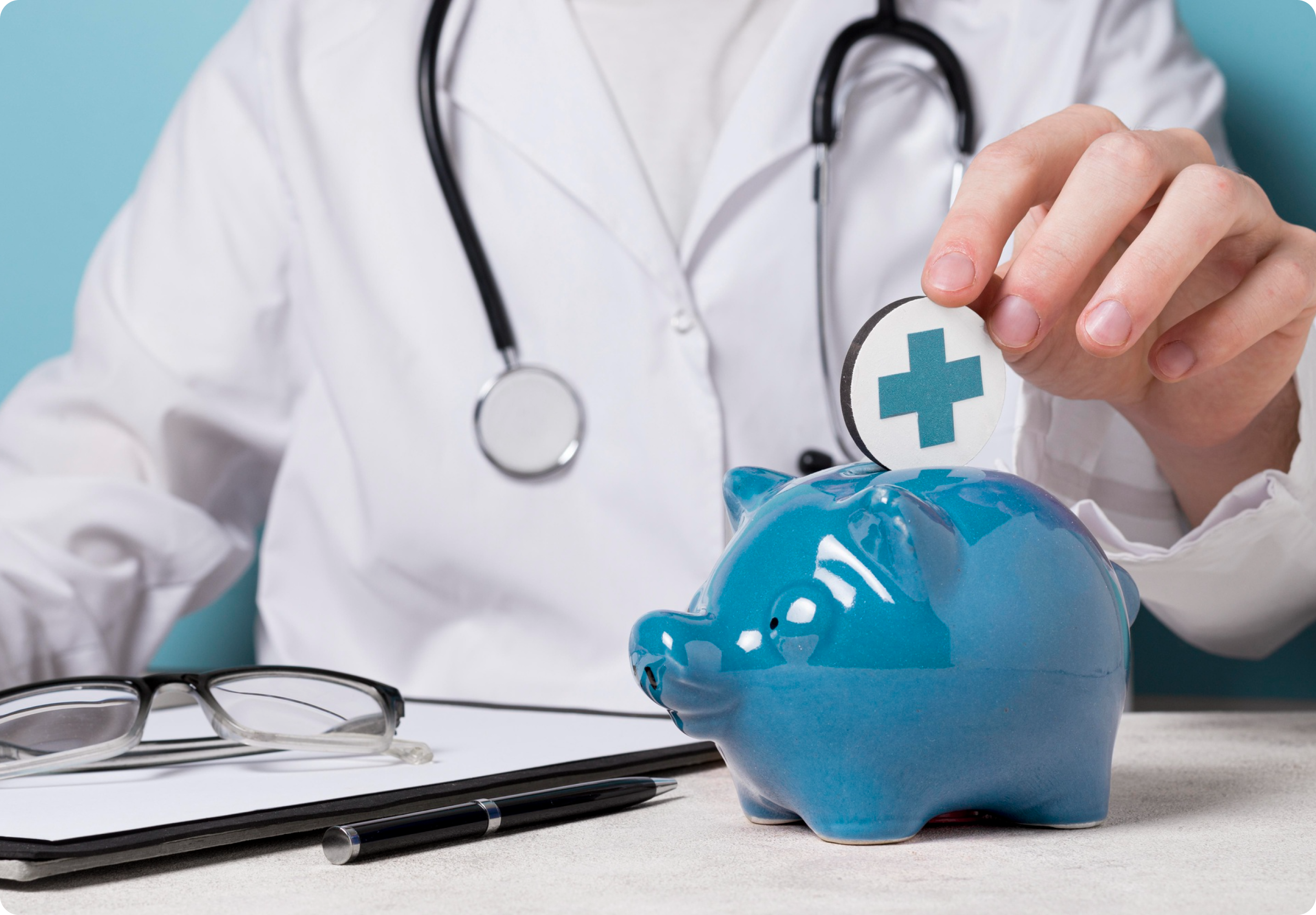 A doctor putting a coin with health symbol in a piggybank